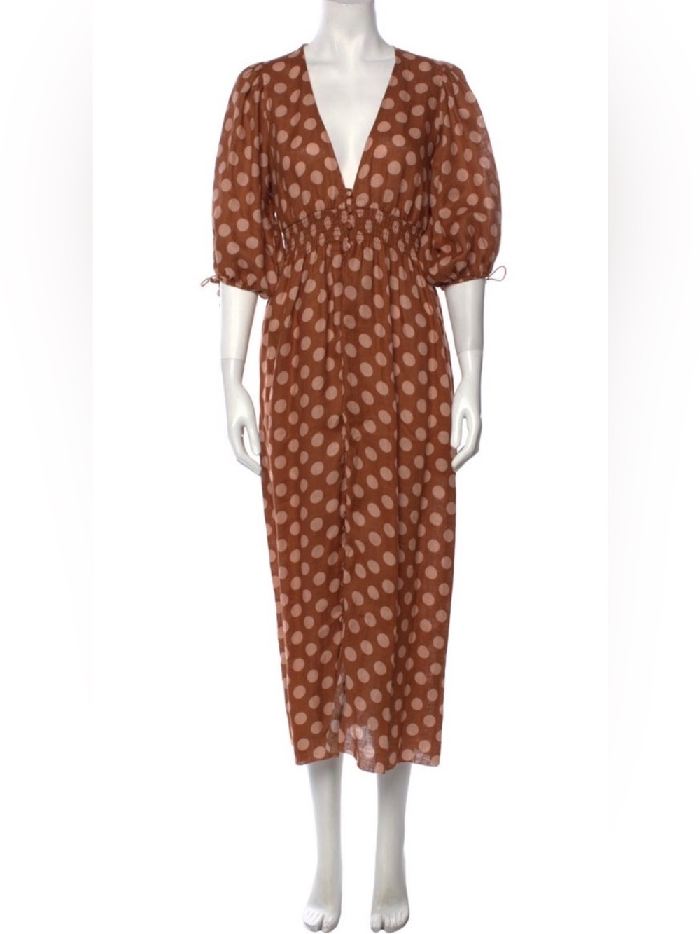 Zimmermann Brown Polka Dot Puff Sleeve linen Midi Dress - Picture 2 of 6